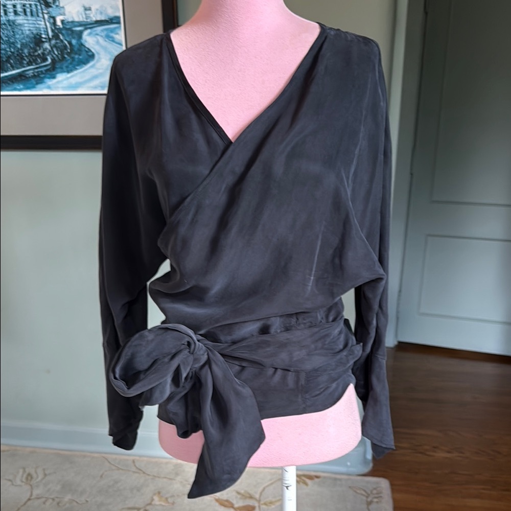 Black Silk Like Cupro Viscose Wrap Blouse Top Shirt - One Size